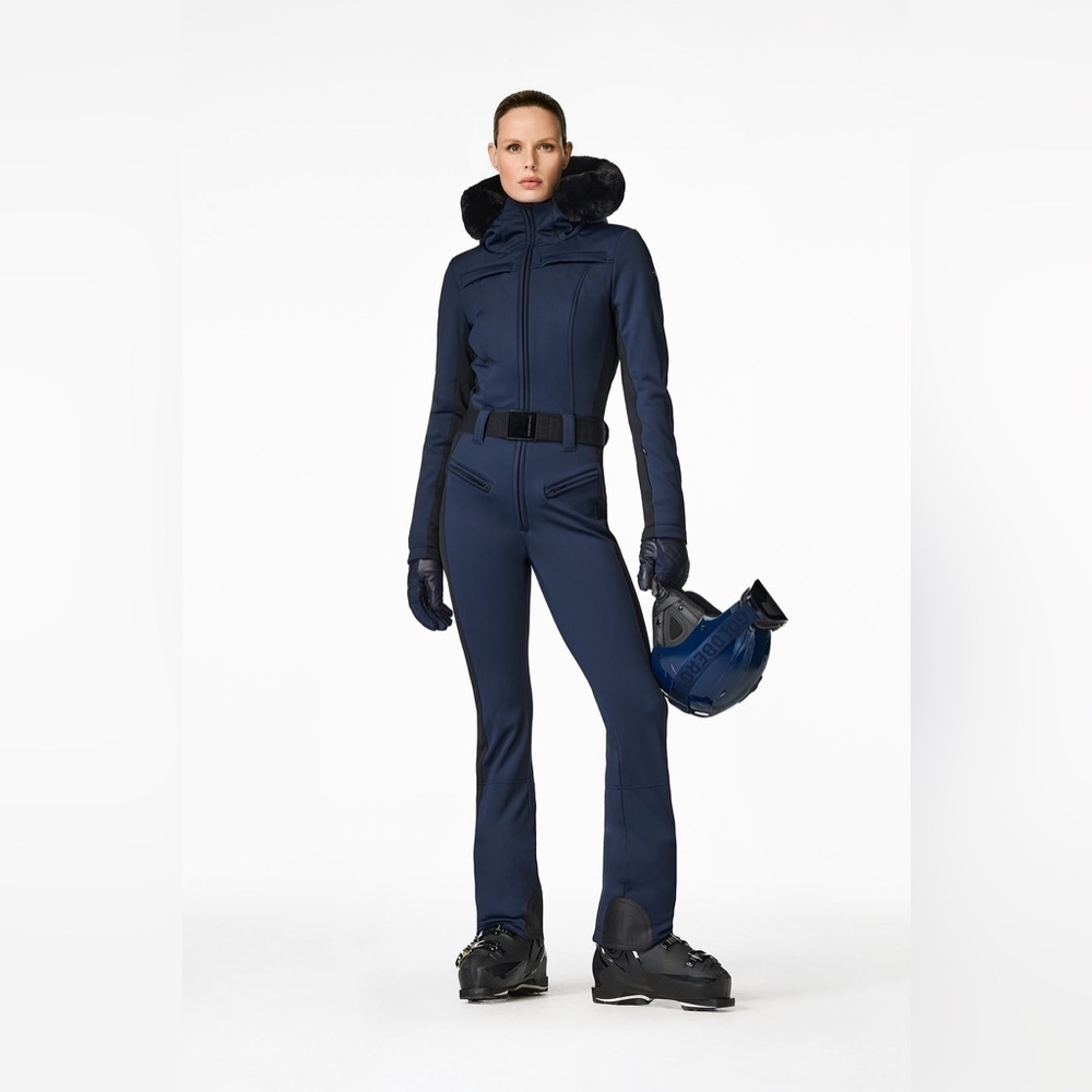 Goldbergh Parry Faux Fur Trim Ski Suit in Navy